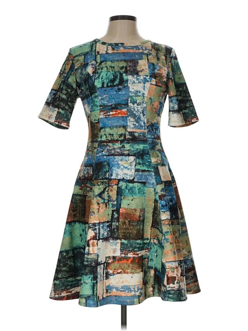 Karen Kane Scuba Dress Patchwork L Art To Wear Fit Flare Multi-Color